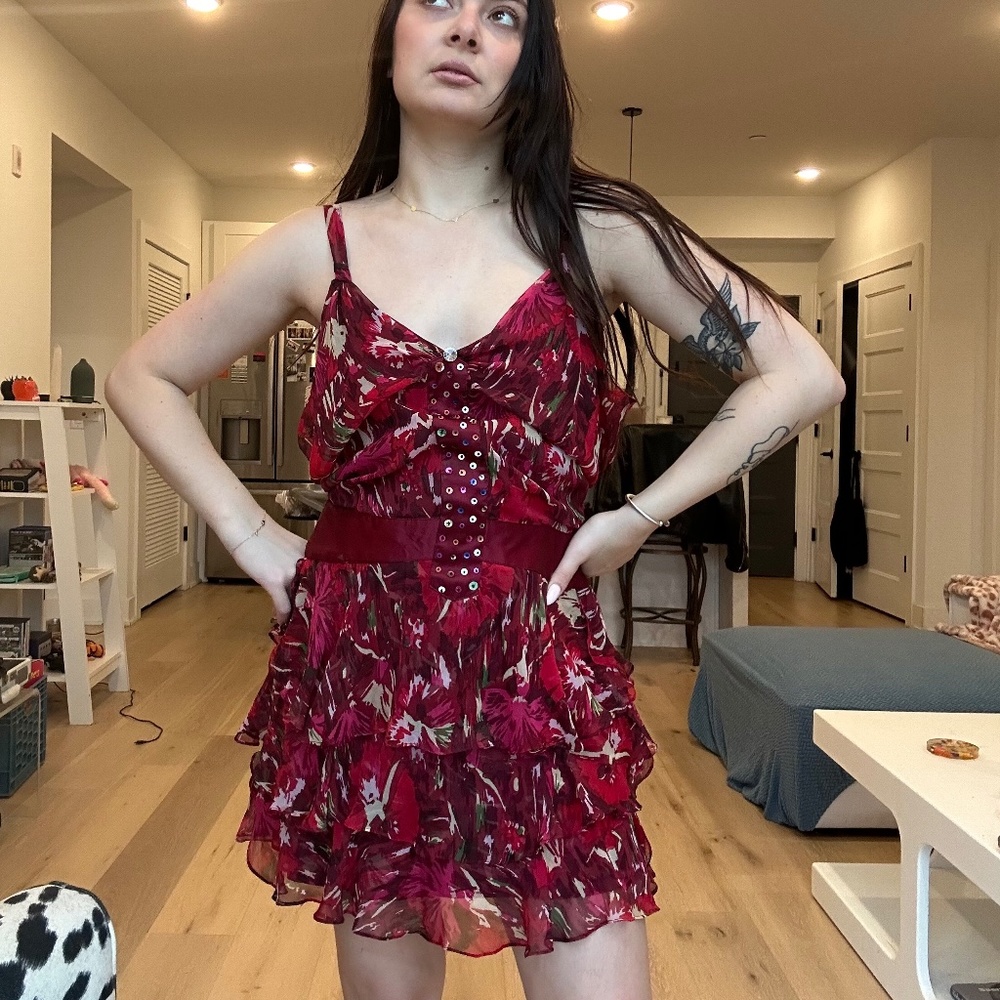 Heatherette Y2K VINTAGE Red Scarf Chiffon & Satin Ruffle Sequin Party Dress